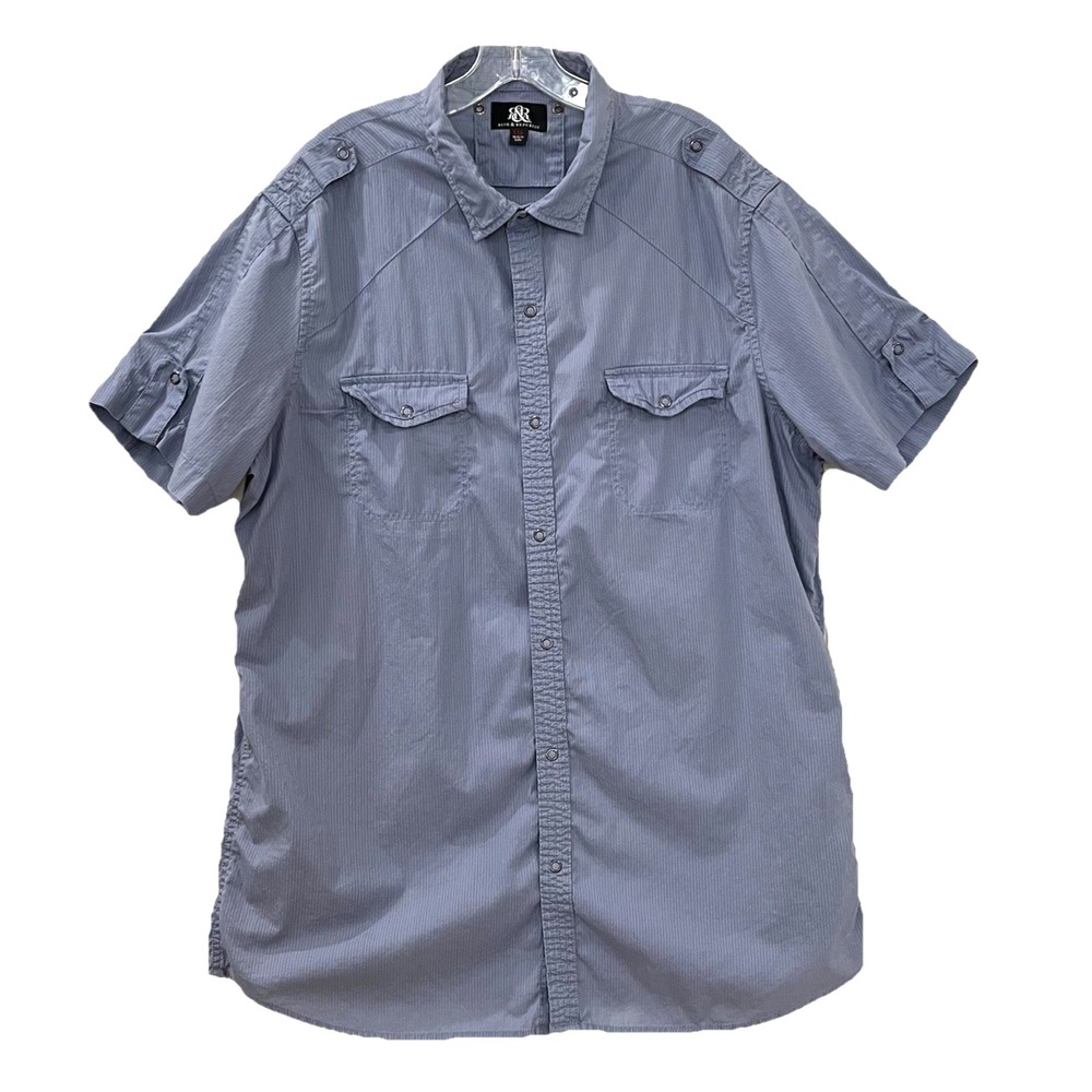 Rock‎ & Republic Men's Shirt XXL Blue Pinstriped Button-Up Short Sleeves Snaps